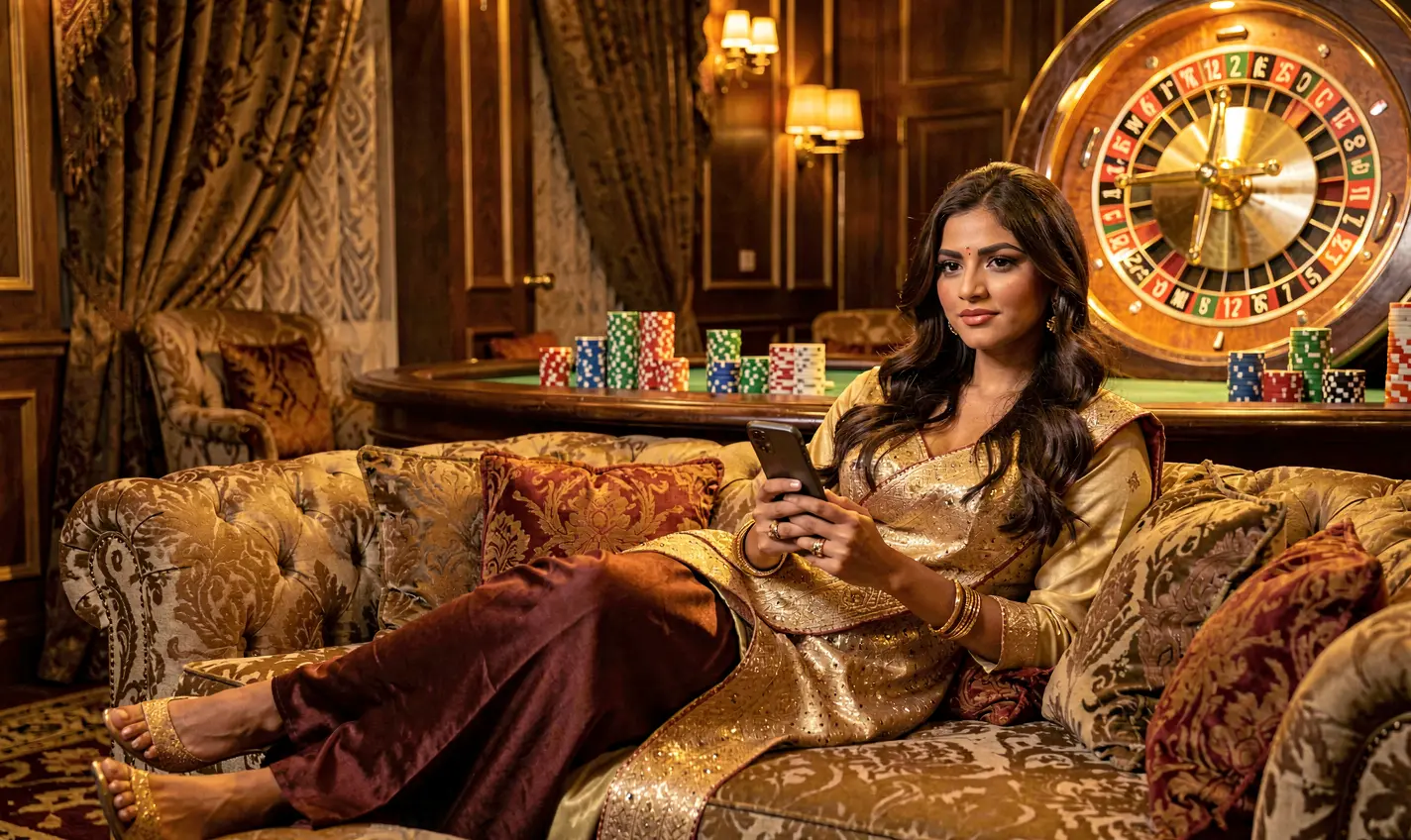 Confident Bangladeshi woman using the 12OK casino app on her phone while relaxing in a luxury gaming room with a glowing roulette wheel