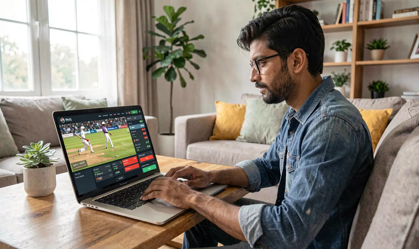 Focused Bangladeshi player placing live cricket bets on a laptop with the 12OK betting interface in a bright modern living room