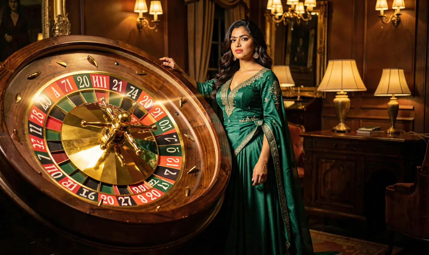 Elegant casino atmosphere with a glamorous woman in a green dress beside a roulette wheel representing premium gaming and bonus rewards at 12OK in Bangladesh