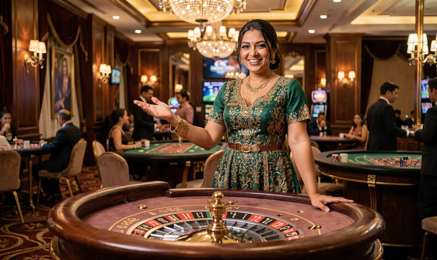 12OK – Step into a world of real live casino action in Bangladesh Professional live casino dealer in a glamorous evening dress standing at a roulette table in a luxury casino setting representing the authentic live casino experience at 12OK in Bangladesh