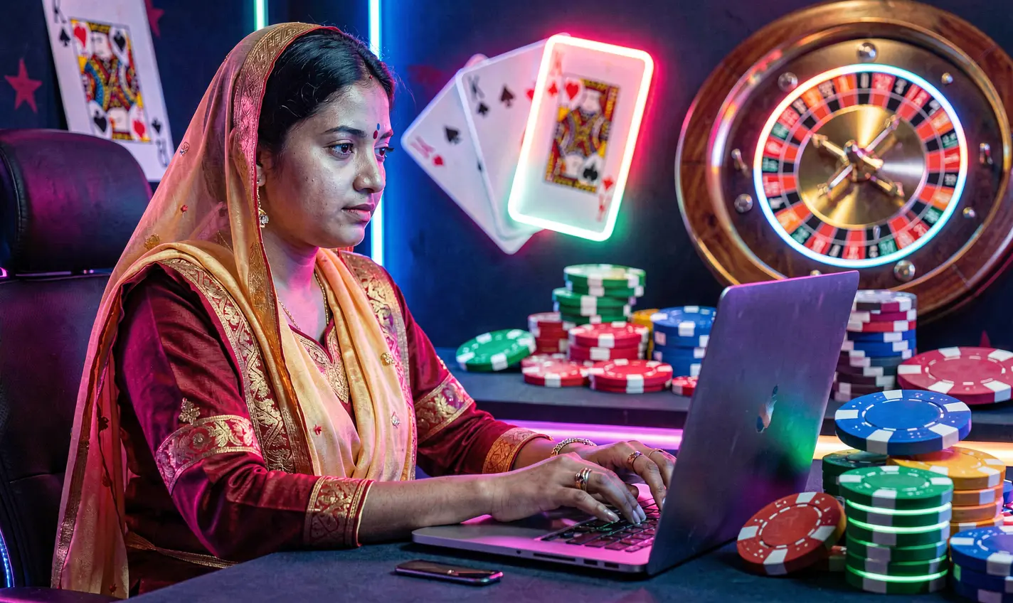 Focused female player enjoying online casino gameplay with glowing chips and a laptop in a modern digital gaming environment at 12OK for Bangladesh