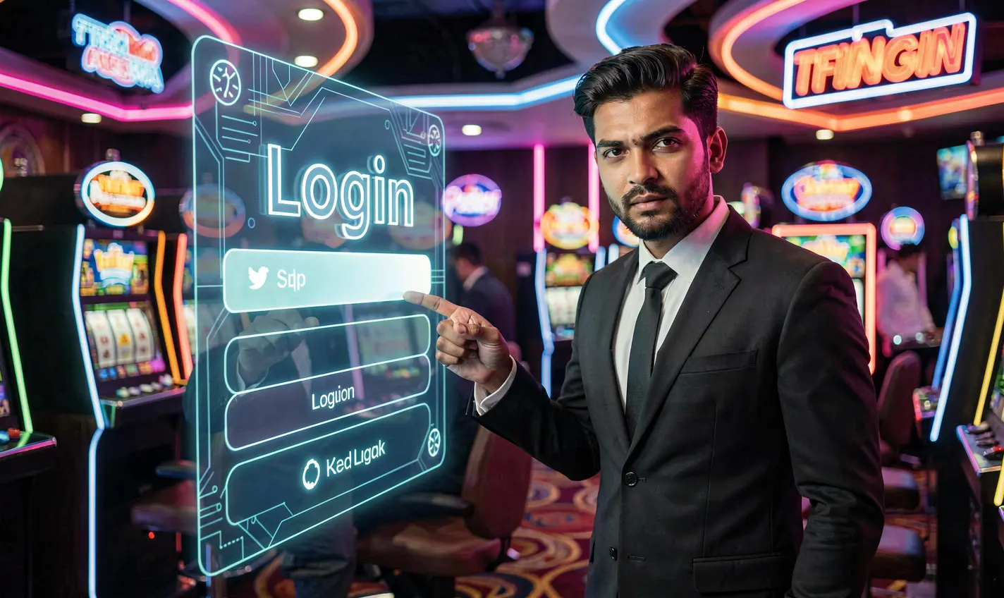 Confident Bangladeshi casino professional pointing at a glowing login sign inside a modern 12OK casino environment