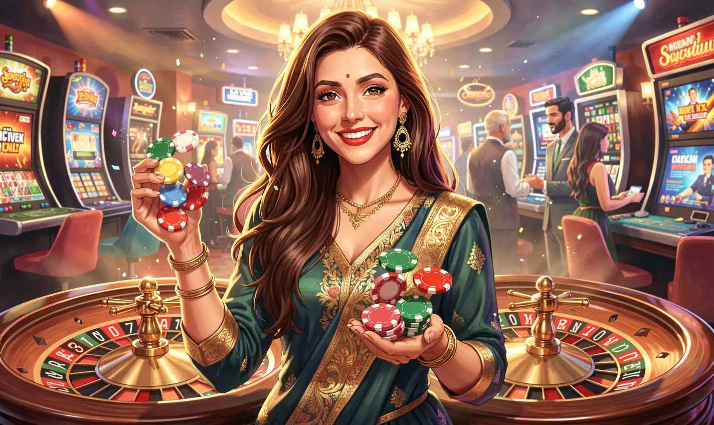 Elegant casino atmosphere with a confident woman holding poker chips in front of a roulette wheel representing the premium gaming experience of 12OK Casino in Bangladesh