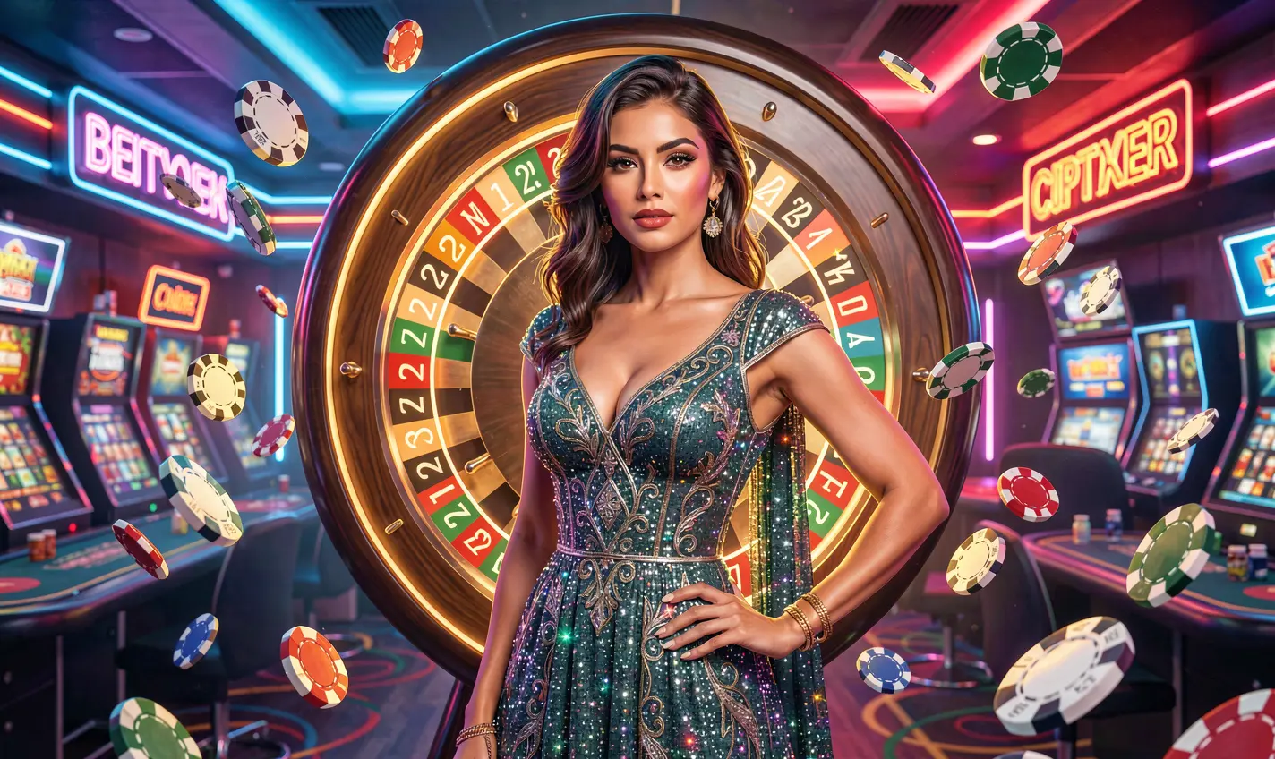 Beautiful casino hostess in a sparkling dress standing before a vibrant roulette wheel with flying chips highlighting the luxury atmosphere of 12OK casino for players in Bangladesh