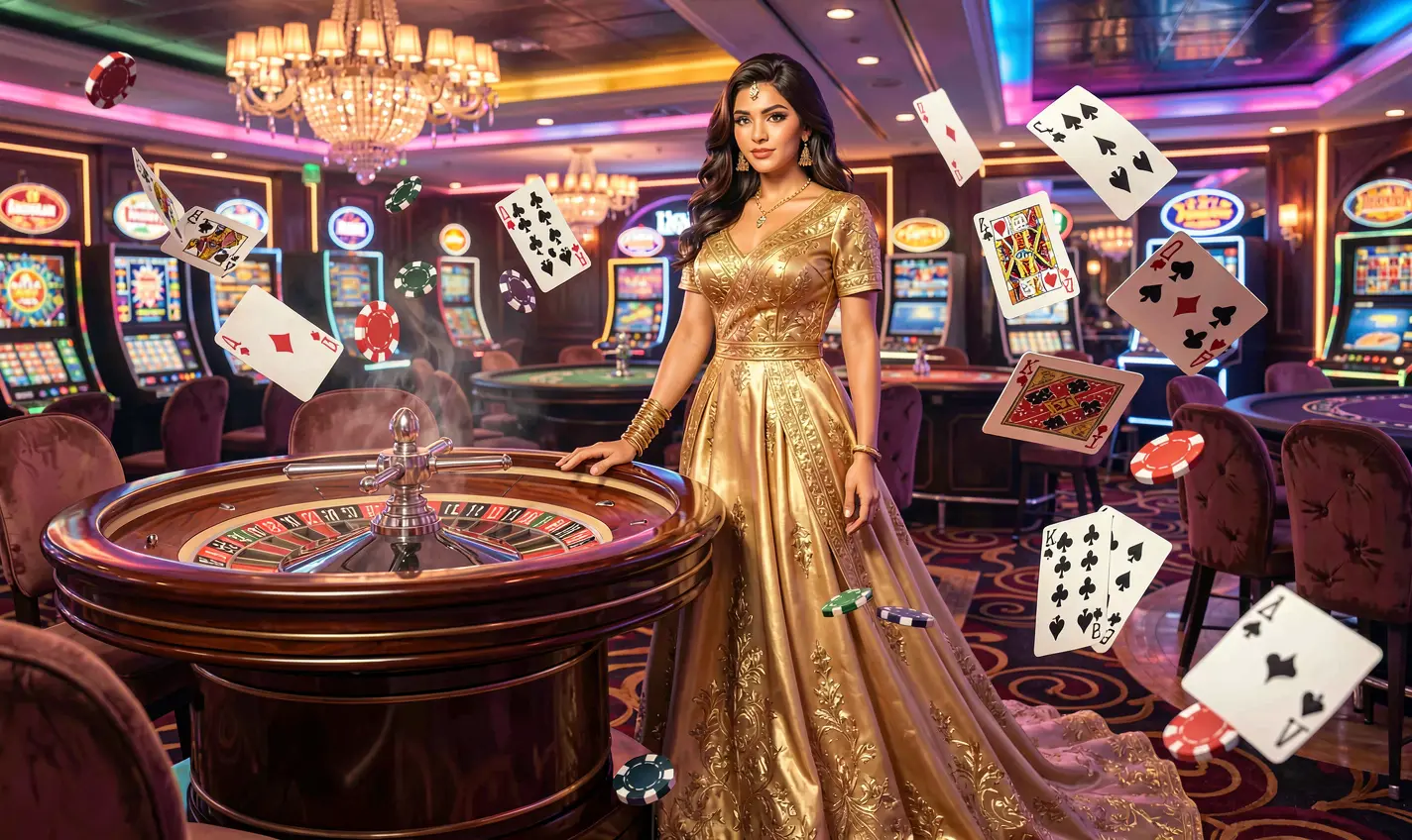 Graceful casino scene with a woman in a golden gown surrounded by spinning roulette and flying chips reflecting the thrilling atmosphere of 12OK casino in Bangladesh