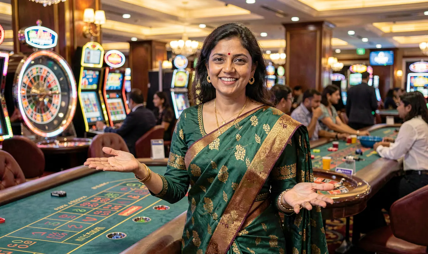 Elegant Bangladeshi casino hostess welcoming players with an open hand gesture in a vibrant casino setting at 12OK Casino
