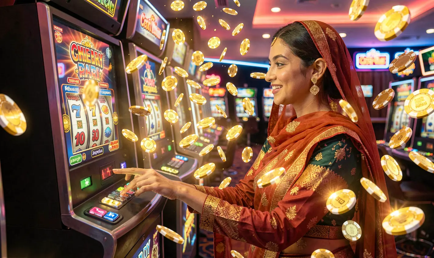 A stylish woman enjoying a modern slot machine with bright lights and casino coins falling around her at 12OK casino in Bangladesh